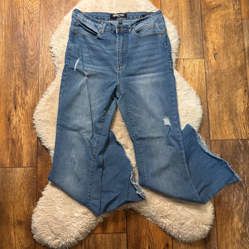 Skinny Fries Denim Jean Size 11 Flare Light Distressed Medium Blue Raw Hem - Picture 2 of 13
